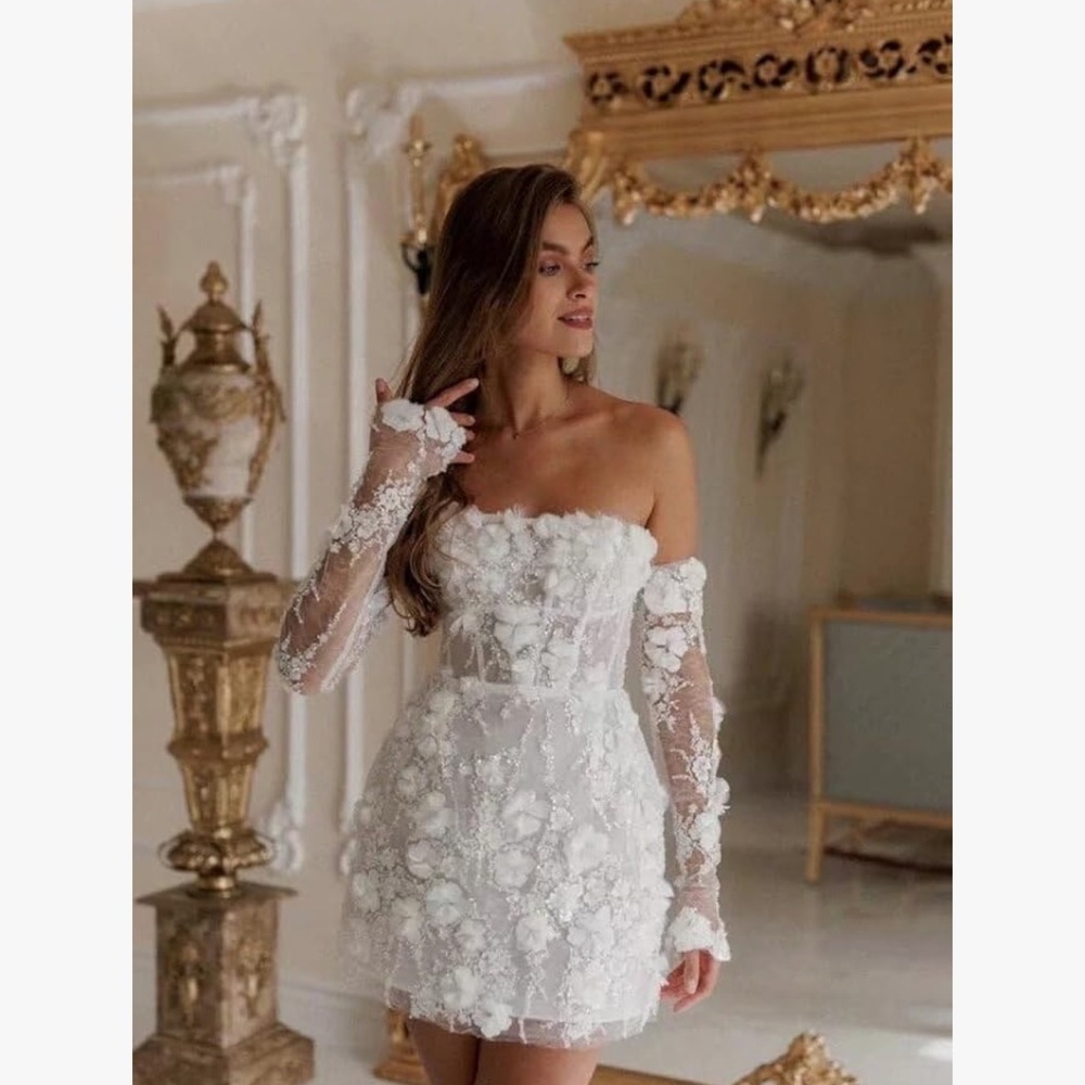 Strapless White Floral Appliqué Mini Dress
